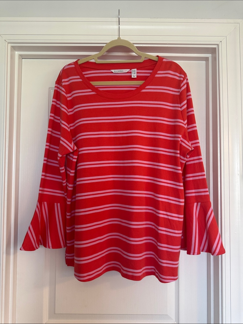 Isaac Mizrahi Live Womens Red Pink Striped Bell Sleeve Top Plus Size 1X Stretchy